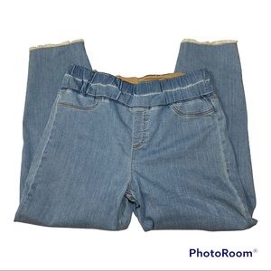 Eileen Fisher L Jeans Pull On Light Blue Raw Hem Back Pockets Ankle